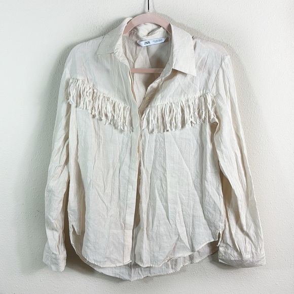 Zara western cowgirl style fringe button down shirt off white / beige size M - Picture 9 of 9